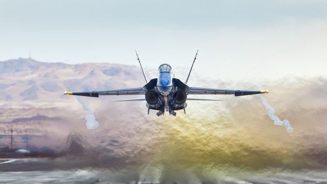 Fighter jet over water mountains free wallpaper for desktop - medium preview image