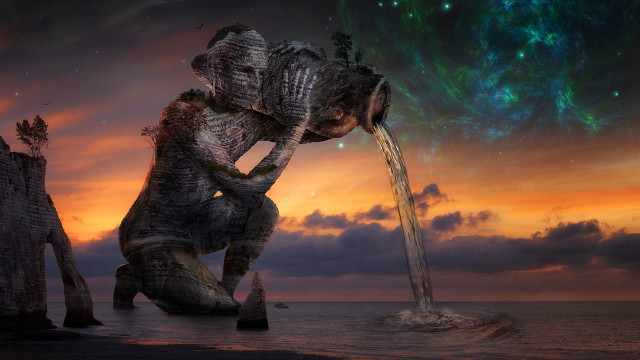 Elephant drinking water sunset colorful free wallpaper for desktop - medium preview image