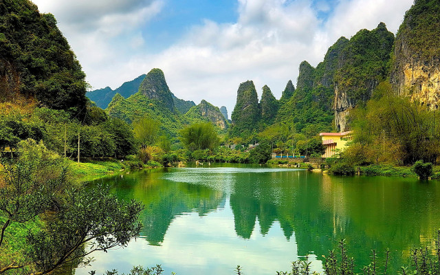 Lake mountains forest house sky free wallpaper for desktop - medium preview image