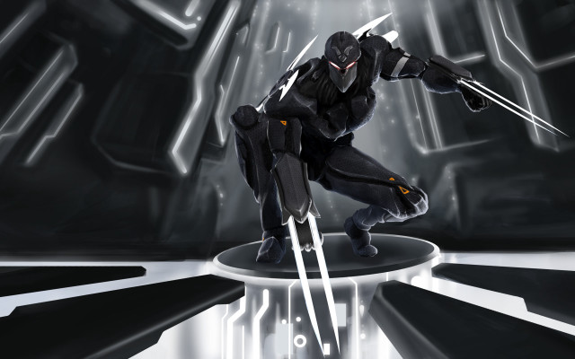 Futuristic man black suit sword free wallpaper for desktop - medium preview image
