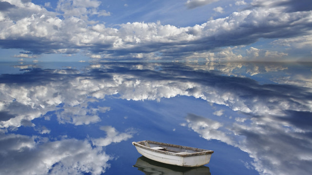 Boat lake clouds reflection surrealism free wallpaper for desktop - medium preview image