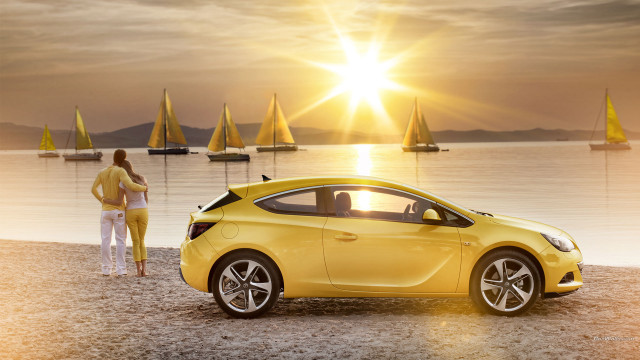 Woman yellow car beach sunset free wallpaper for desktop - medium preview image