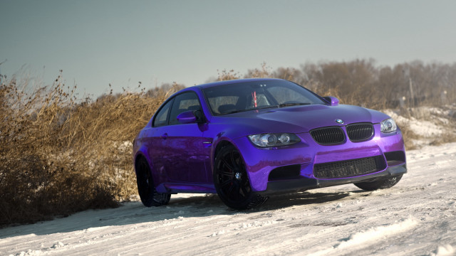 Purple car snowy road bush free wallpaper for desktop - medium preview image