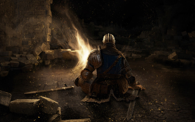 Medieval armor kneeling cave sword free wallpaper for desktop - medium preview image