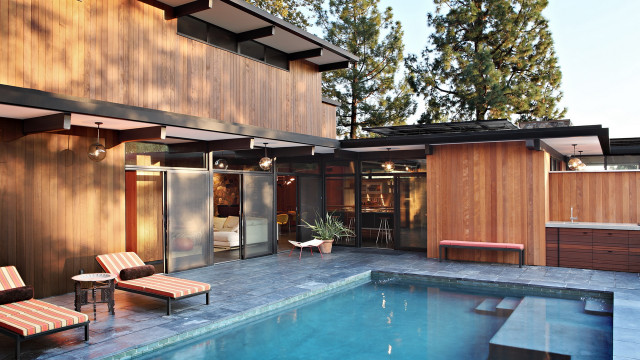 Pool lounge hotTub woodenBuilding reflection free wallpaper for desktop - medium preview image