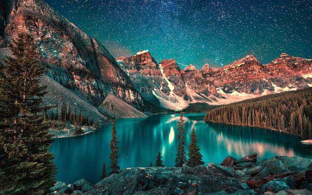Lake mountains night starry sky free wallpaper for desktop - medium preview image