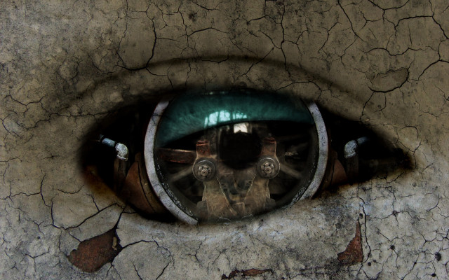 Eye reflection cyberpunk dystopian brick free wallpaper for desktop - medium preview image