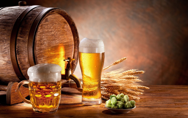 Wooden barrel beer glasses grapes free wallpaper for desktop - medium preview image