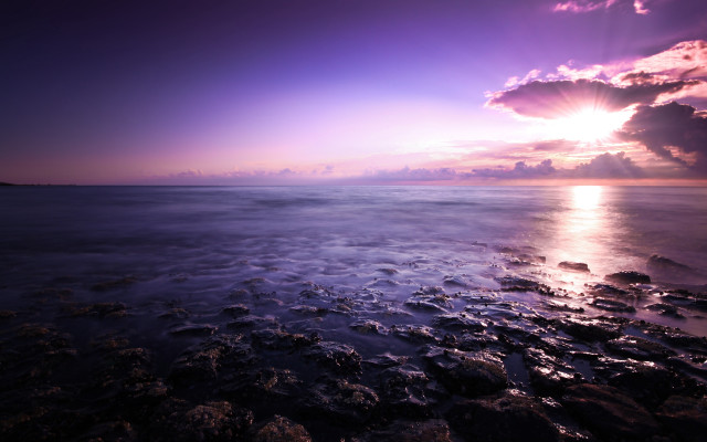 Purple sky beach water mountains free wallpaper for desktop - medium preview image