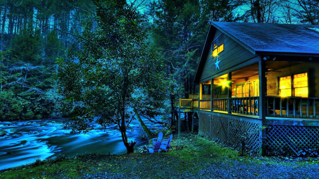 Cabin river night lit window free wallpaper for desktop - medium preview image