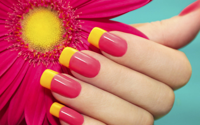 Woman hand pink yellow manicure free wallpaper for desktop - medium preview image