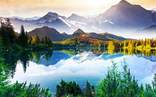 Mountain lake nature sunset trees free wallpaper for desktop - medium preview image