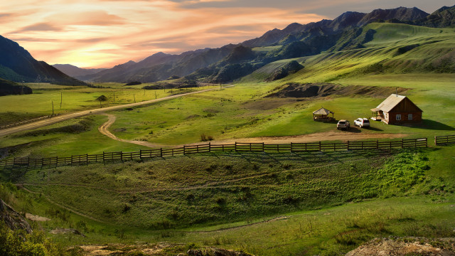 Farm road house field mountain free wallpaper for desktop - medium preview image