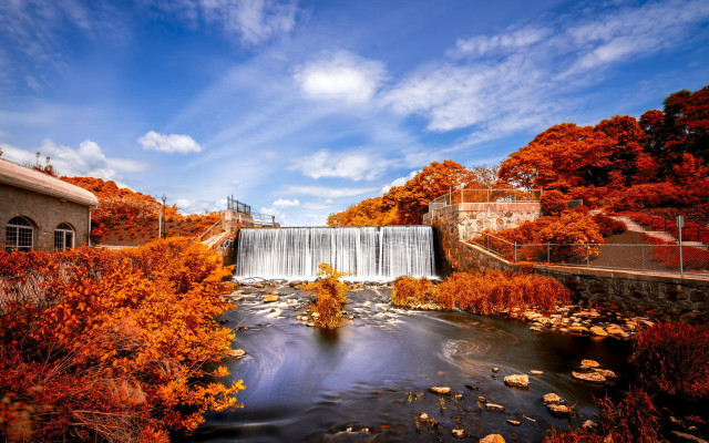 River waterfall autumn trees rocks free wallpaper for desktop - medium preview image