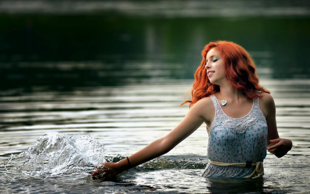 Red hair woman water holding free wallpaper for desktop - medium preview image