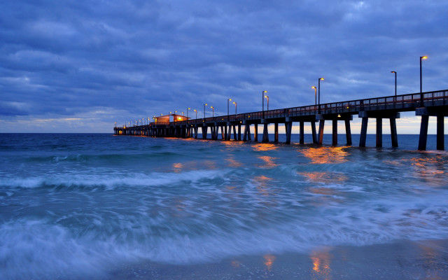 Pier ocean cloudy night lights free wallpaper for desktop - medium preview image
