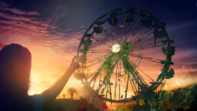 Woman clock ferriswheel sunset magicrealism free wallpaper for desktop - medium preview image