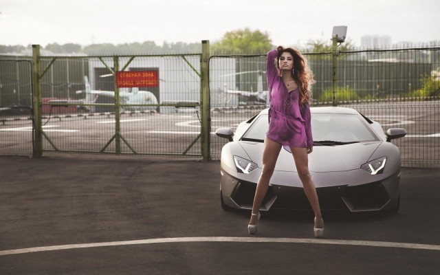Purple dress woman white car free wallpaper for desktop - medium preview image