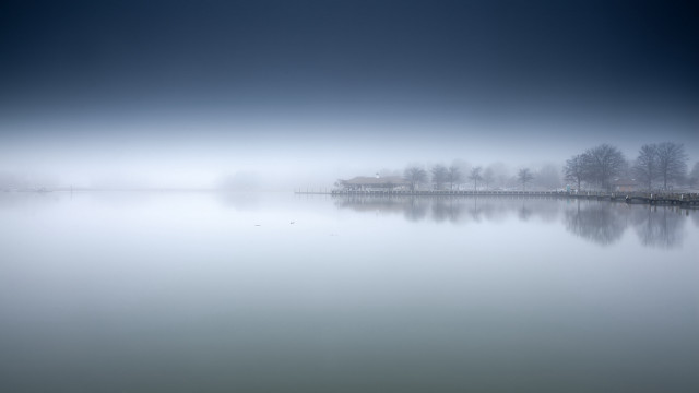 Foggy lake house trees mountain free wallpaper for desktop - medium preview image