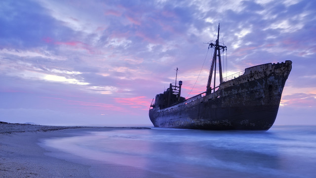 Ship sunset beach water mountain free wallpaper for desktop - medium preview image