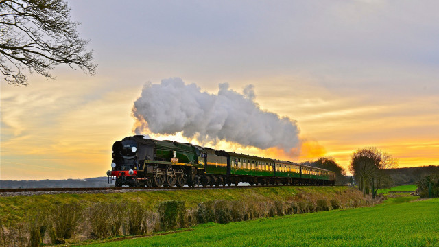 Train sunset mountain landscape forest free wallpaper for desktop - medium preview image