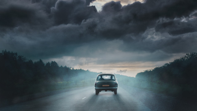 Car cloudy sky mountains forest free wallpaper for desktop - medium preview image