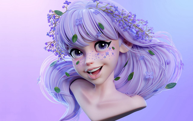 Purple hair flower face portrait free wallpaper for desktop - medium preview image