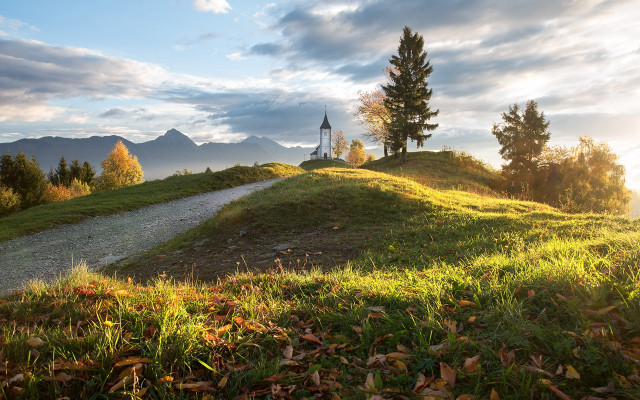 Grassy hill church path forest free wallpaper for desktop - medium preview image