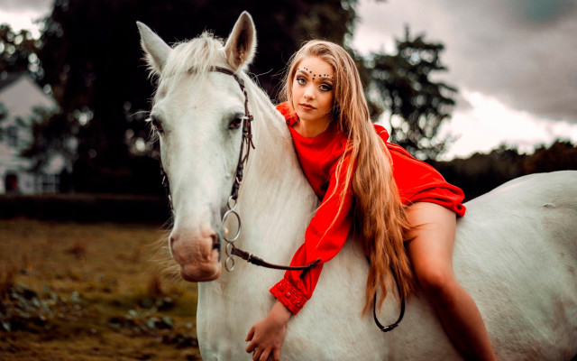 Woman red dress white horse free wallpaper for desktop - medium preview image