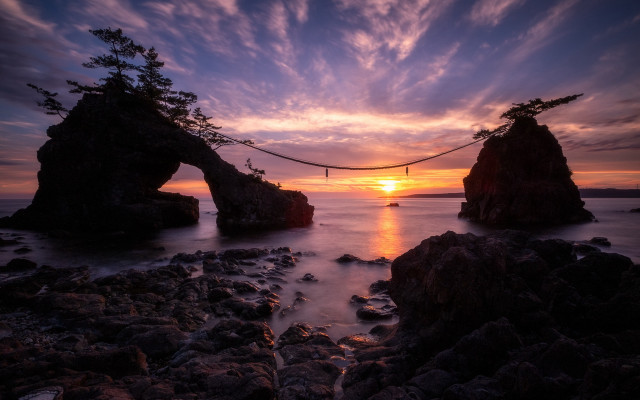 Sunset bridge water rocks trees free wallpaper for desktop - medium preview image