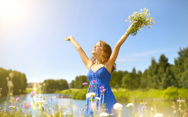 Woman blue dress flowers sky free wallpaper for desktop - medium preview image