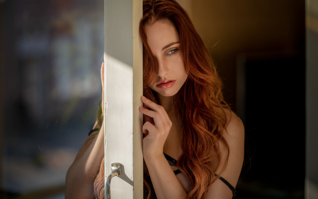 Woman redhair window doorhandle artnouveau free wallpaper for desktop - medium preview image