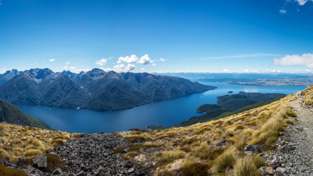Mountain lake panorama blue sky free wallpaper for desktop - medium preview image