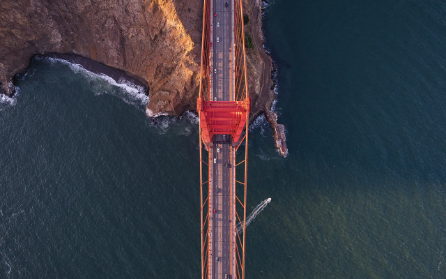 Red truck bridge ocean cliff free wallpaper for desktop - medium preview image
