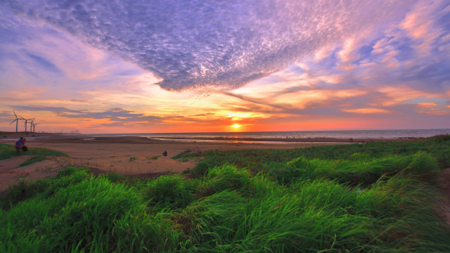 Sunset beach windmill person clouds free wallpaper for desktop - medium preview image