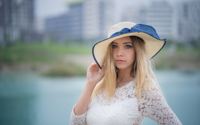 Woman hat lake portrait blonde free wallpaper for desktop - medium preview image