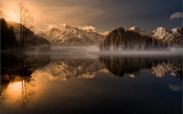 Mountain reflection lake sunset fog free wallpaper for desktop - medium preview image