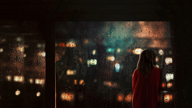 Woman window rain night city free wallpaper for desktop - medium preview image