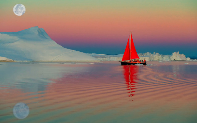 Red sailboat icebergs sunset moon free wallpaper for desktop - medium preview image