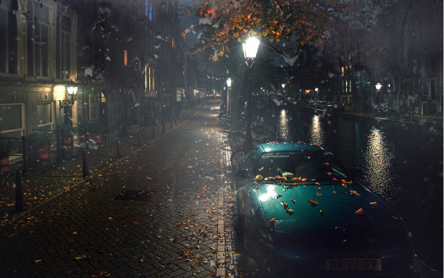 Wet street night car lights free wallpaper for desktop - medium preview image