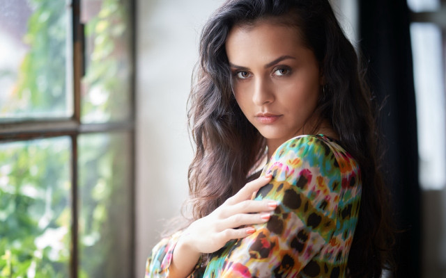 Woman posing green plant window free wallpaper for desktop - medium preview image