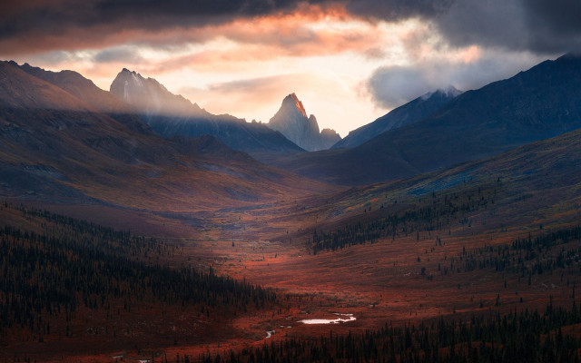 Mountain river forest sunset sky free wallpaper for desktop - medium preview image
