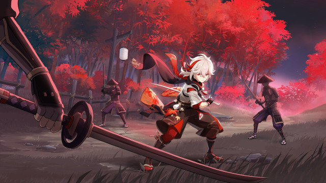 Woman red sword forest autumn free wallpaper for desktop - medium preview image