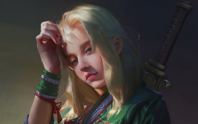 Blonde woman green shirt sword free wallpaper for desktop - medium preview image