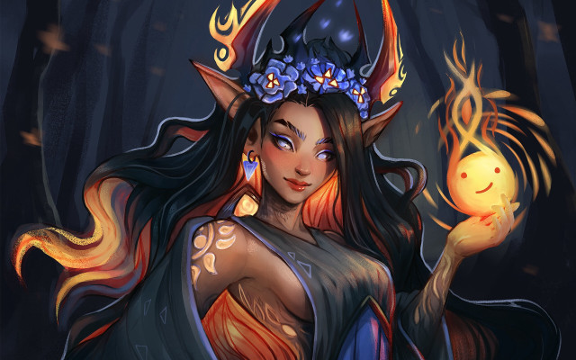 Horned woman fantasy forest fire free wallpaper for desktop - medium preview image