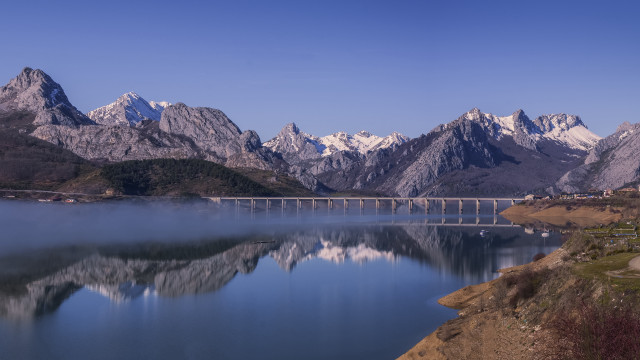 Bridge lake mountains fantasy city free wallpaper for desktop - medium preview image
