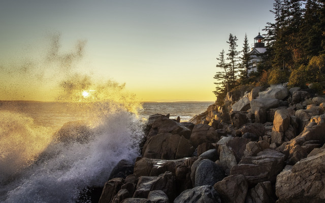 Wave rocky shore sunset lighthouse free wallpaper for desktop - medium preview image