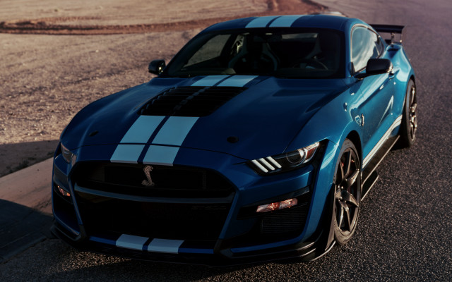 Blue mustang parked road evening free wallpaper for desktop - medium preview image