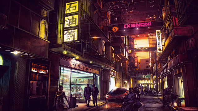 Cyberpunk city street night neo free wallpaper for desktop - medium preview image