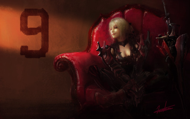 Woman red chair sword number9 free wallpaper for desktop - medium preview image